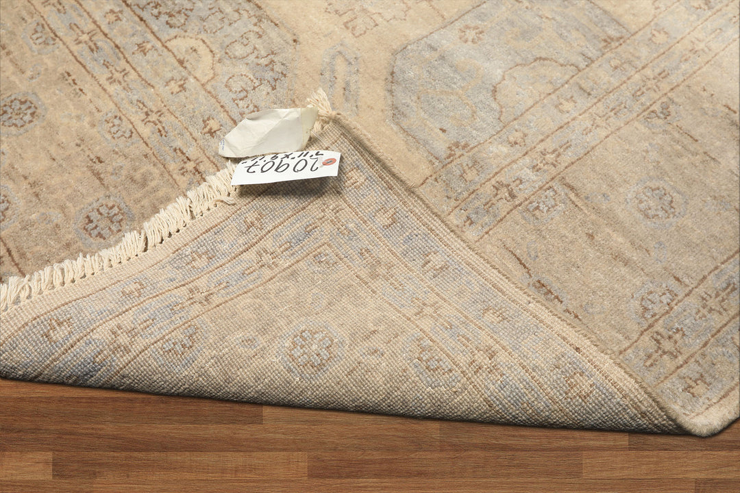 8x10 Beige, Taupe, Slate Color Hand Knotted Khotan Wool Transitional Oriental Rug