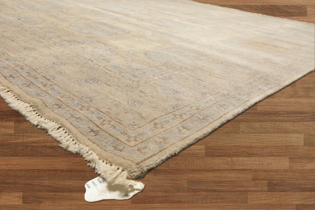 8x10 Beige, Taupe, Slate Color Hand Knotted Khotan Wool Transitional Oriental Rug