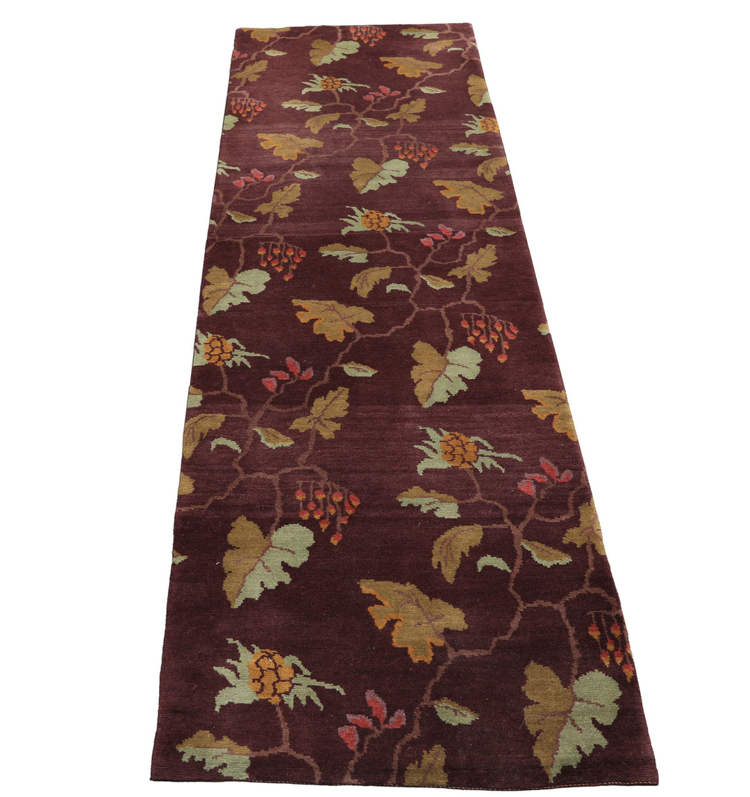 Runner Aubergine, Gold, Mint Color Hand Knotted Tibetan Wool Transitional Oriental Rug
