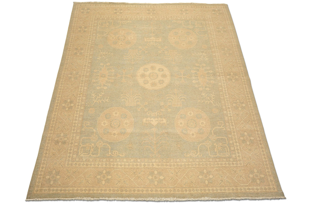 8x10 Mint, Tan, Beige Color Hand Knotted Khotan Wool Transitional Oriental Rug