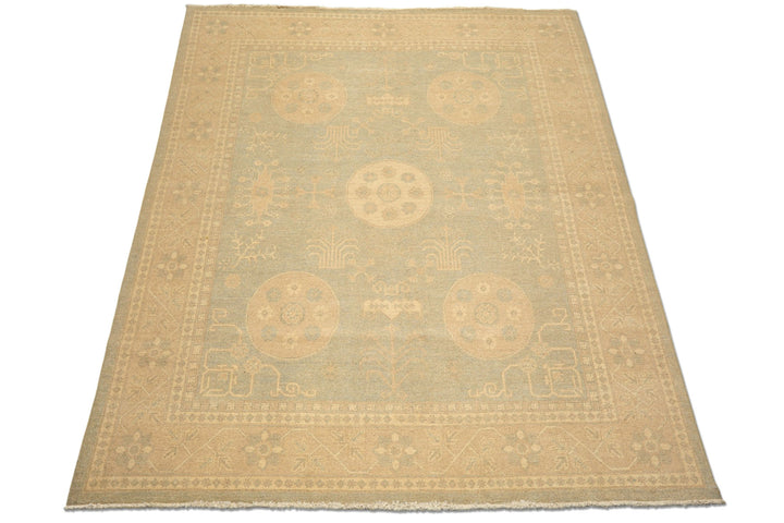 8x10 Mint, Tan, Beige Color Hand Knotted Khotan Wool Transitional Oriental Rug