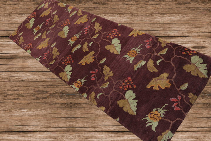 Runner Aubergine, Gold, Mint Color Hand Knotted Tibetan Wool Transitional Oriental Rug