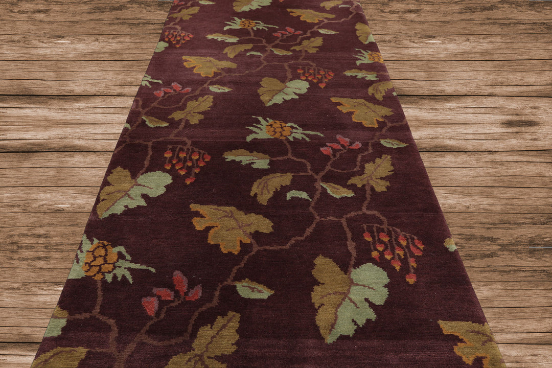 Runner Aubergine, Gold, Mint Color Hand Knotted Tibetan Wool Transitional Oriental Rug