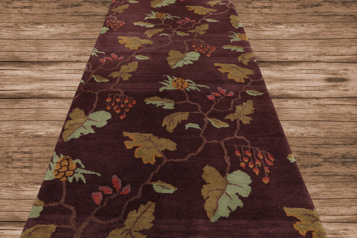 Runner Aubergine, Gold, Mint Color Hand Knotted Tibetan Wool Transitional Oriental Rug