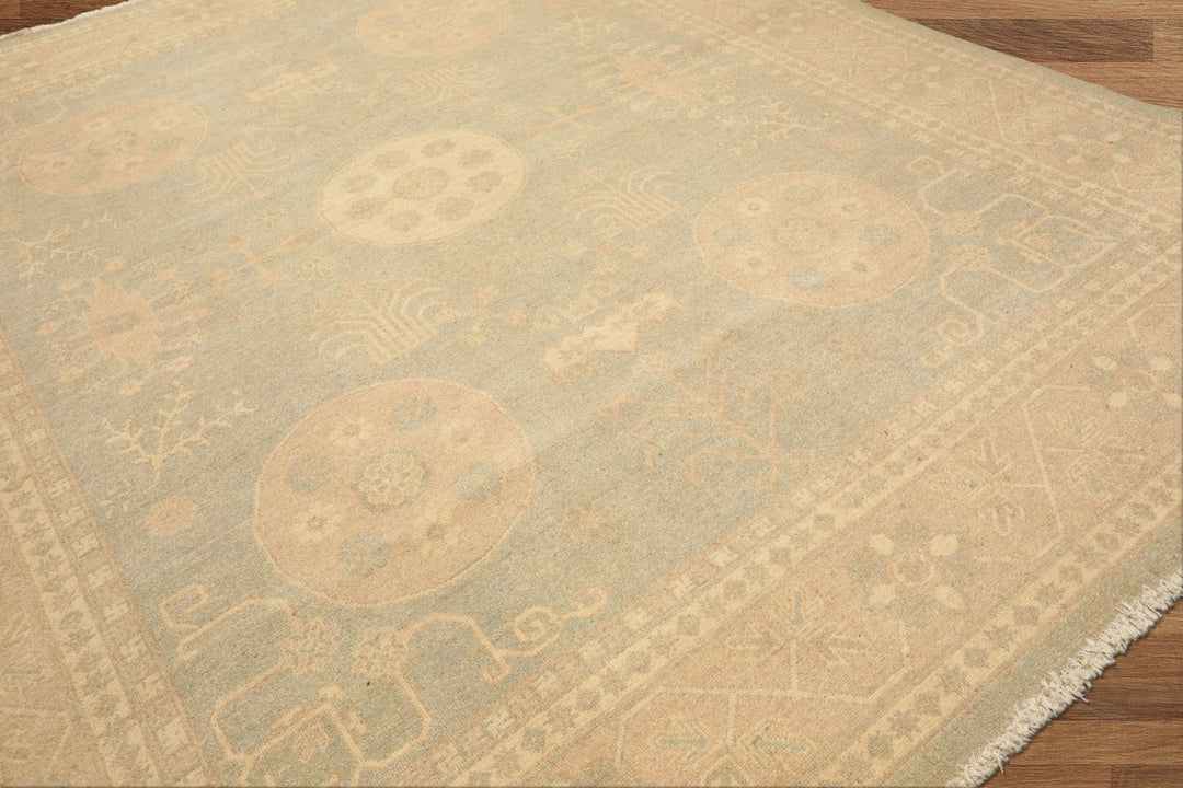 8x10 Mint, Tan, Beige Color Hand Knotted Khotan Wool Transitional Oriental Rug