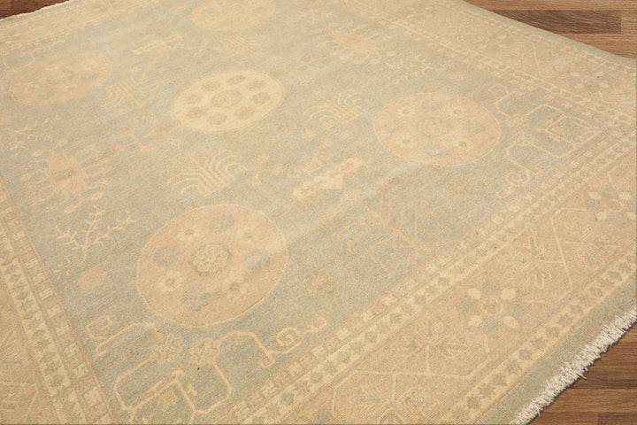 8x10 Mint, Tan, Beige Color Hand Knotted Khotan Wool Transitional Oriental Rug