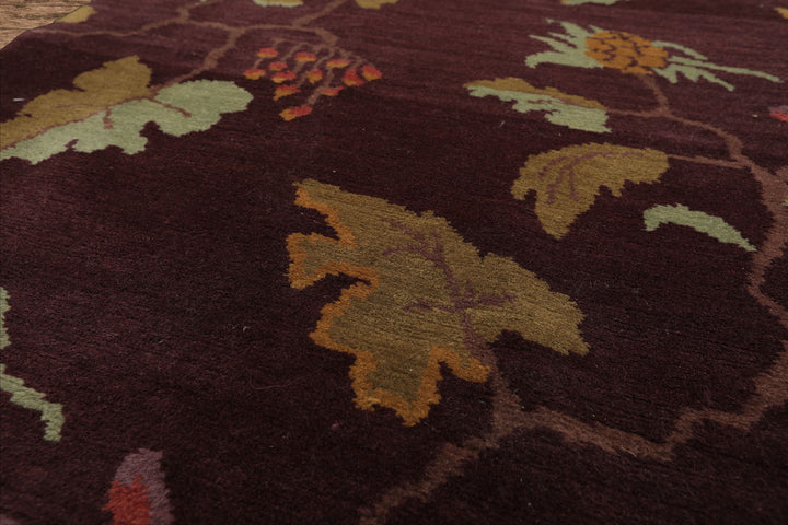 Runner Aubergine, Gold, Mint Color Hand Knotted Tibetan Wool Transitional Oriental Rug