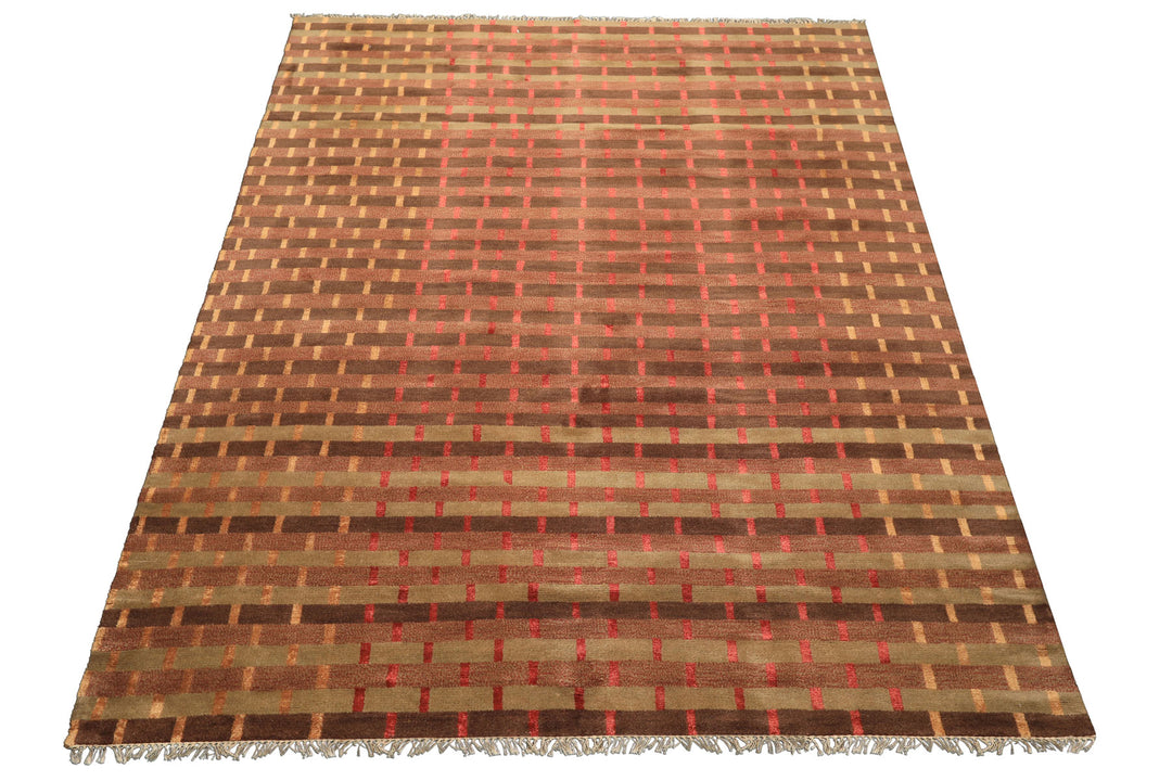 8x10 Raspberry, Rust, Moss Color Hand Knotted Tibetan Wool & Pure Silk Contemporary Oriental Rug