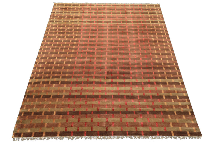8x10 Raspberry, Rust, Moss Color Hand Knotted Tibetan Wool & Pure Silk Contemporary Oriental Rug