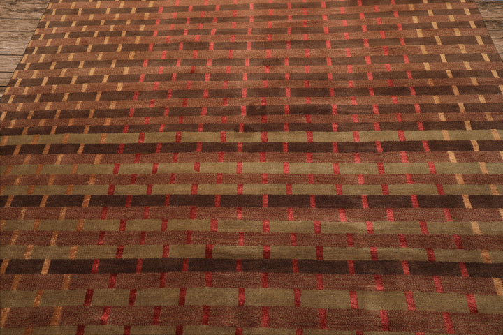 8x10 Raspberry, Rust, Moss Color Hand Knotted Tibetan Wool & Pure Silk Contemporary Oriental Rug