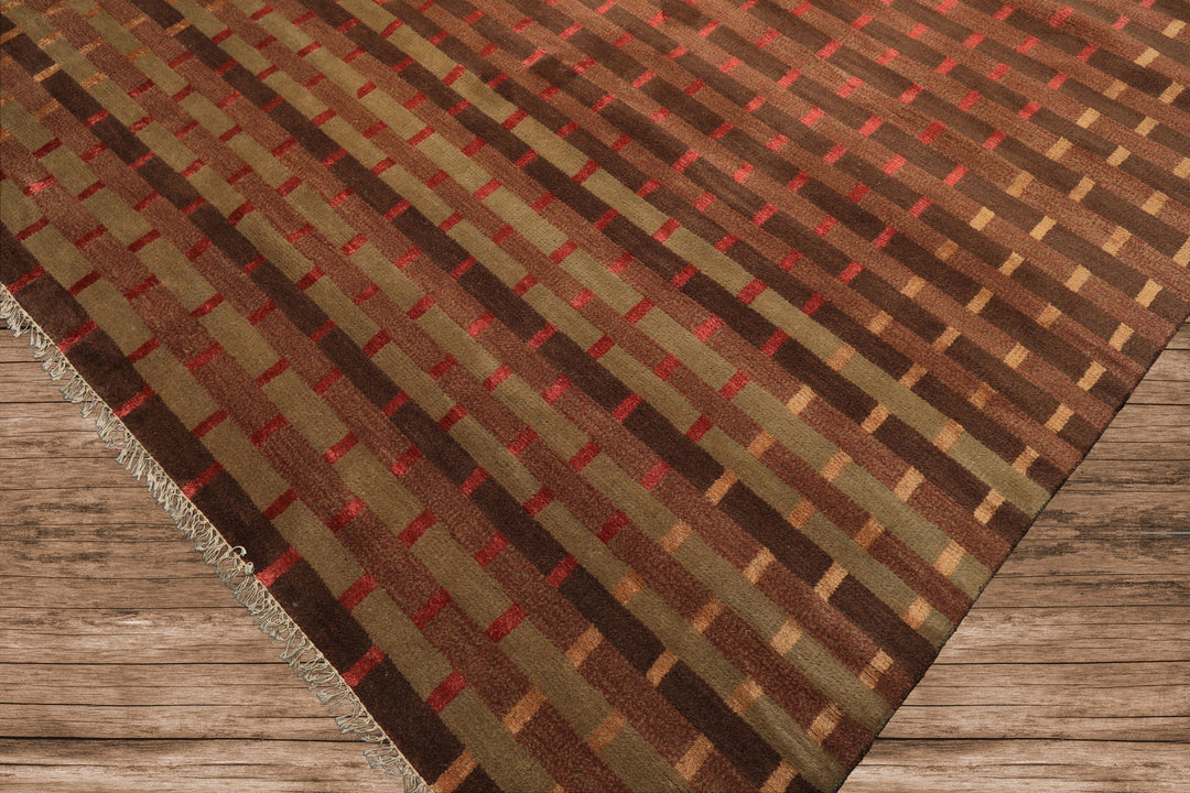 8x10 Raspberry, Rust, Moss Color Hand Knotted Tibetan Wool & Pure Silk Contemporary Oriental Rug
