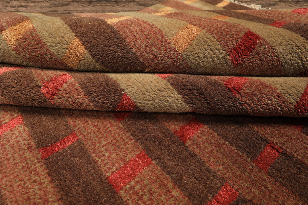 8x10 Raspberry, Rust, Moss Color Hand Knotted Tibetan Wool & Pure Silk Contemporary Oriental Rug