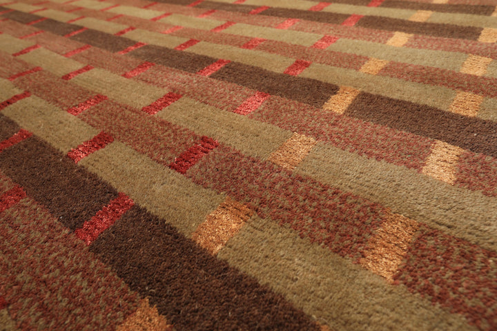 8x10 Raspberry, Rust, Moss Color Hand Knotted Tibetan Wool & Pure Silk Contemporary Oriental Rug