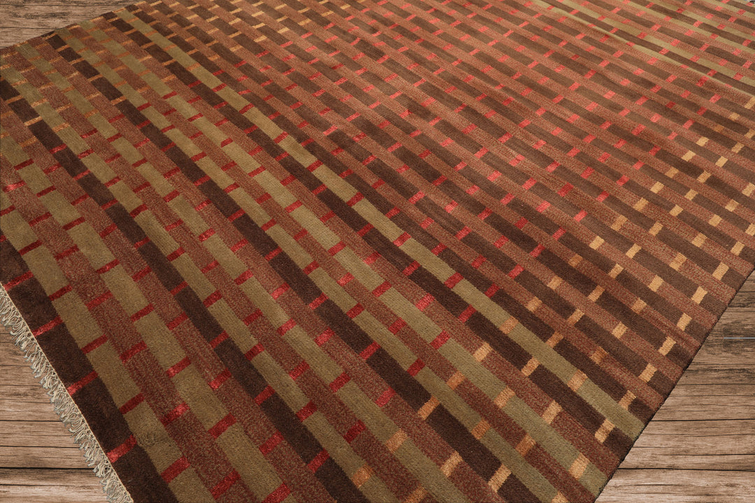 8x10 Raspberry, Rust, Moss Color Hand Knotted Tibetan Wool & Pure Silk Contemporary Oriental Rug
