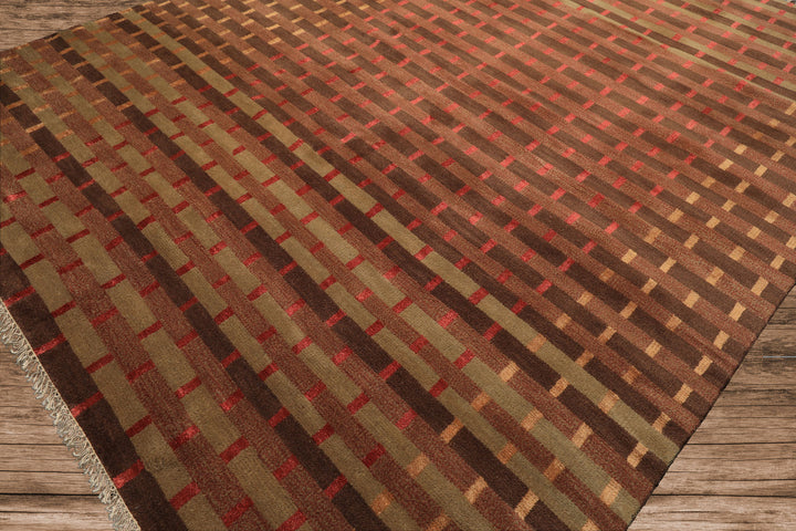 8x10 Raspberry, Rust, Moss Color Hand Knotted Tibetan Wool & Pure Silk Contemporary Oriental Rug