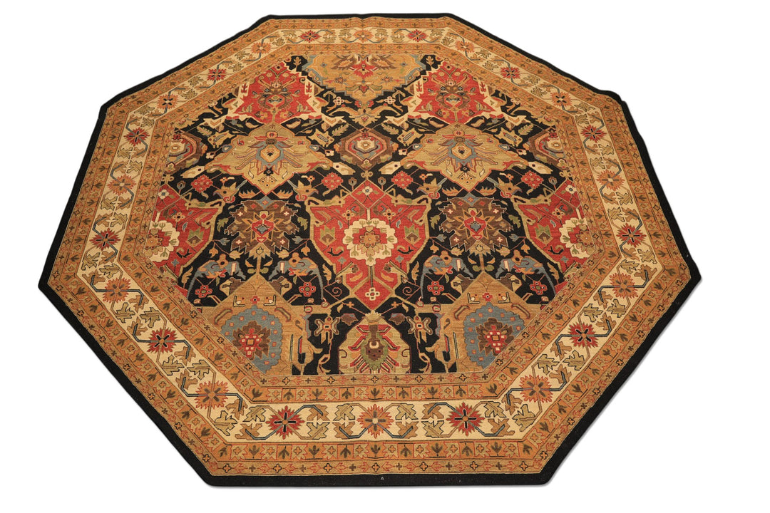 Octagon Black, Ivory, Gold Color Hand Knotted Soumak Wool Traditional Oriental Rug