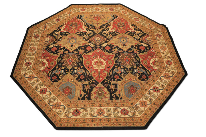 Octagon Black, Ivory, Gold Color Hand Knotted Soumak Wool Traditional Oriental Rug