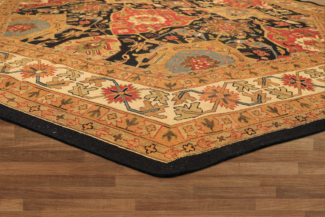 Octagon Black, Ivory, Gold Color Hand Knotted Soumak Wool Traditional Oriental Rug