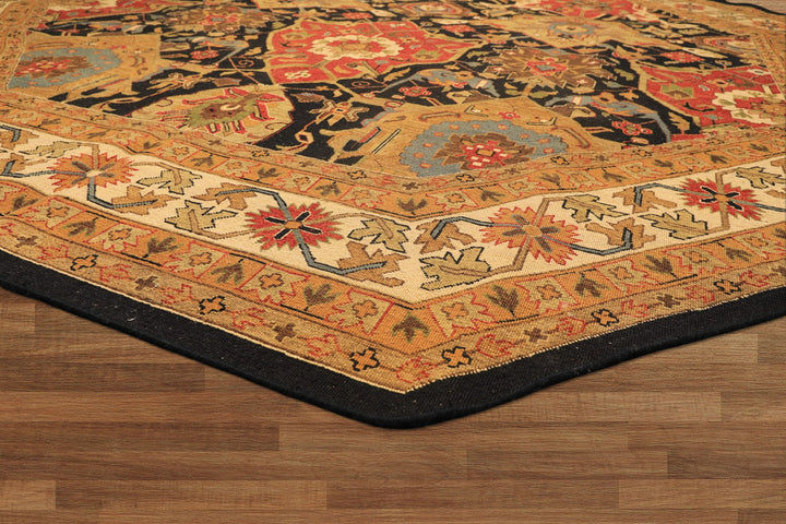 Octagon Black, Ivory, Gold Color Hand Knotted Soumak Wool Traditional Oriental Rug