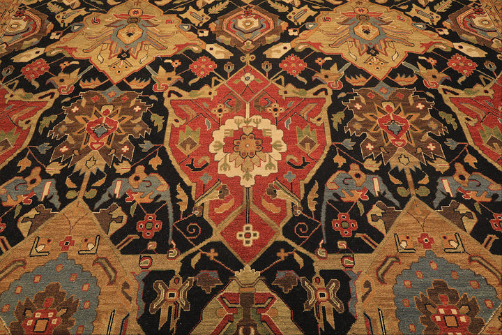 Octagon Black, Ivory, Gold Color Hand Knotted Soumak Wool Traditional Oriental Rug
