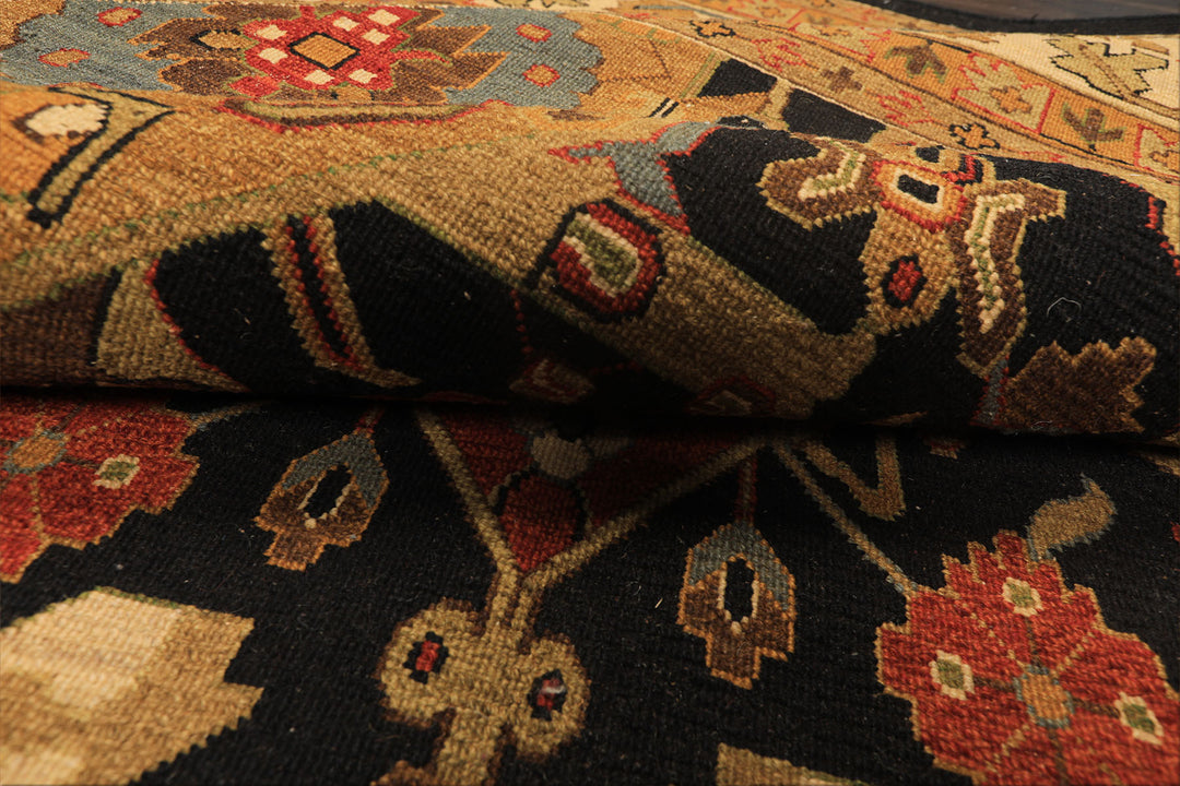 Octagon Black, Ivory, Gold Color Hand Knotted Soumak Wool Traditional Oriental Rug