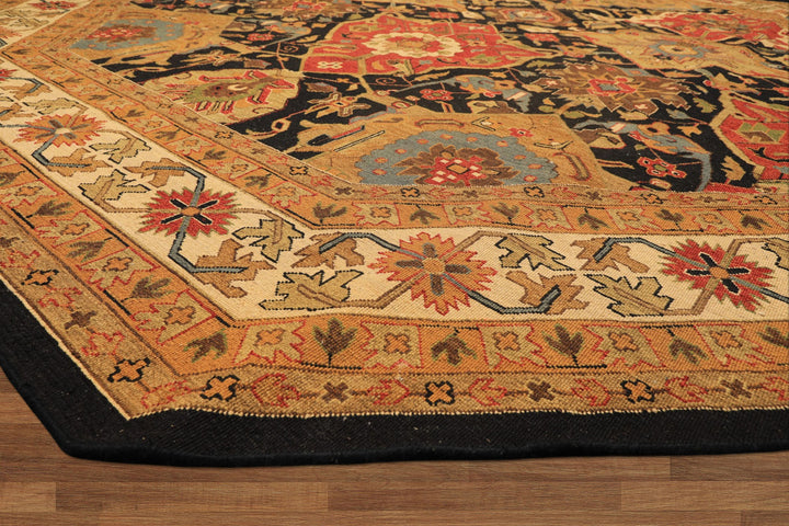 Octagon Black, Ivory, Gold Color Hand Knotted Soumak Wool Traditional Oriental Rug