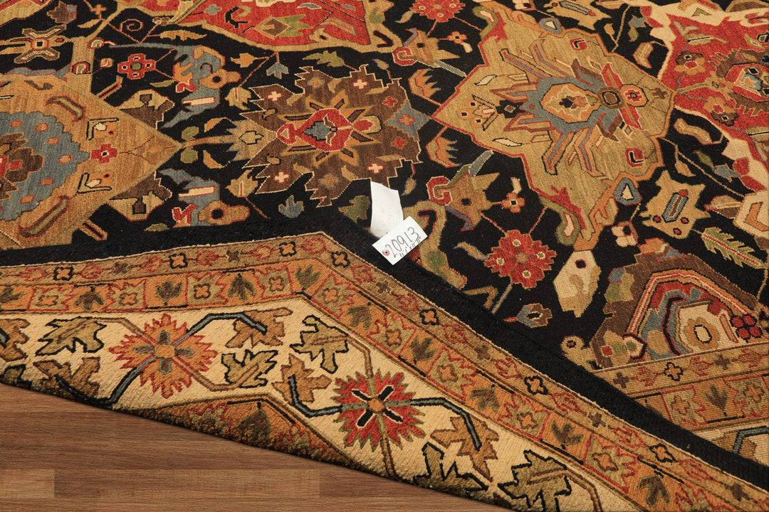 Octagon Black, Ivory, Gold Color Hand Knotted Soumak Wool Traditional Oriental Rug