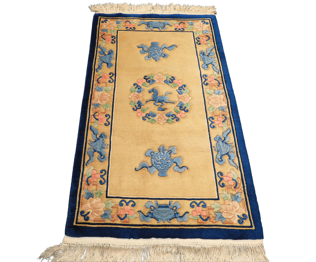 3x5 Gold, Navy, Blush Color Hand Knotted Chinese Art Deco Wool Traditional Oriental Rug