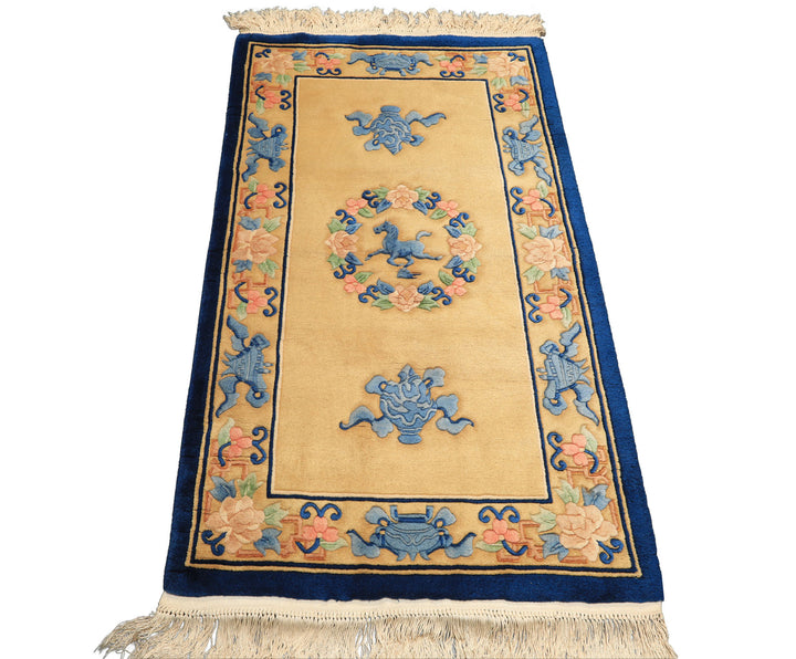 3x5 Gold, Navy, Blush Color Hand Knotted Chinese Art Deco Wool Traditional Oriental Rug