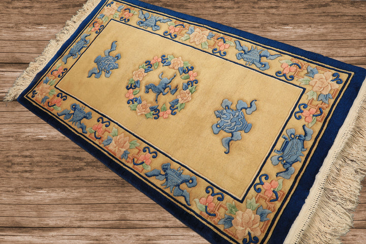 3x5 Gold, Navy, Blush Color Hand Knotted Chinese Art Deco Wool Traditional Oriental Rug