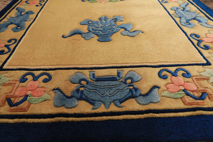 3x5 Gold, Navy, Blush Color Hand Knotted Chinese Art Deco Wool Traditional Oriental Rug