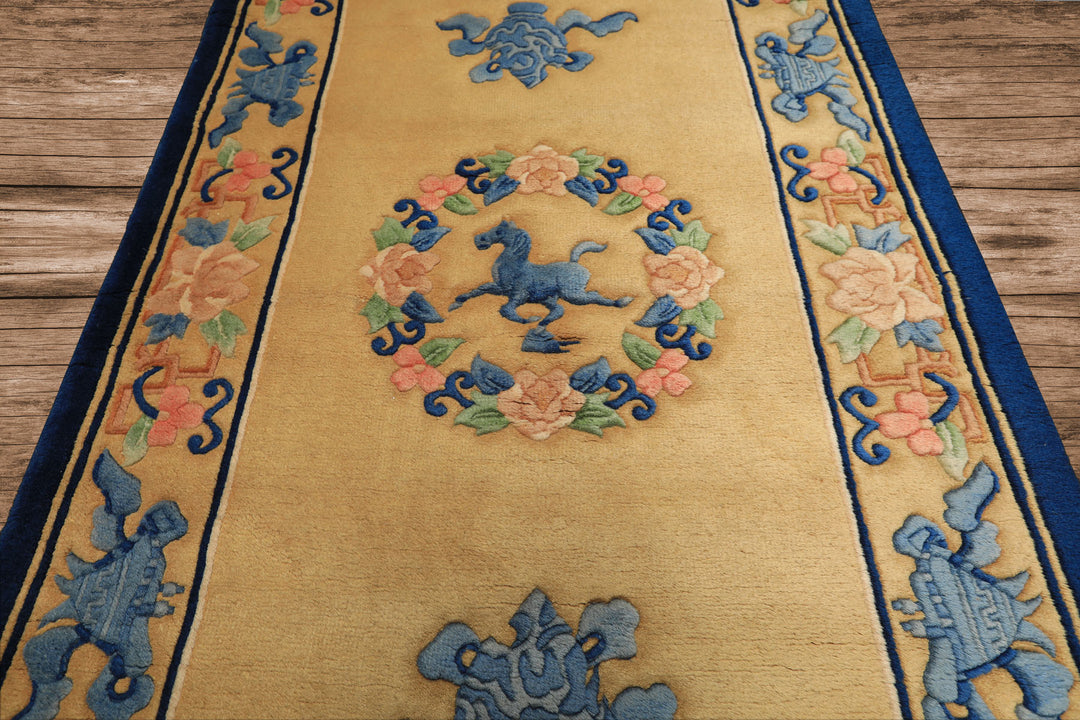 3x5 Gold, Navy, Blush Color Hand Knotted Chinese Art Deco Wool Traditional Oriental Rug