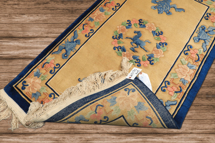 3x5 Gold, Navy, Blush Color Hand Knotted Chinese Art Deco Wool Traditional Oriental Rug