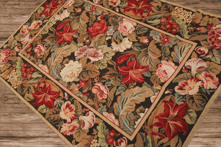 4x6 Green, Gold, Red Color Hand Woven French Aubusson Needlepoint Wool Traditional Oriental Rug
