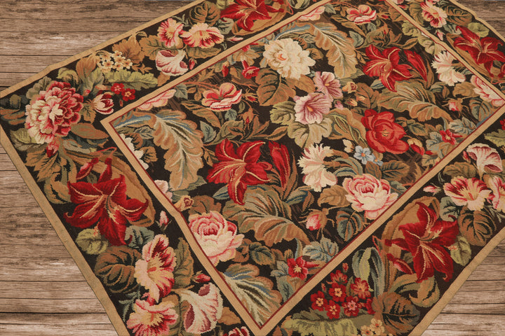 4x6 Green, Gold, Red Color Hand Woven French Aubusson Needlepoint Wool Traditional Oriental Rug