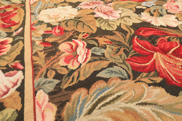 4x6 Green, Gold, Red Color Hand Woven French Aubusson Needlepoint Wool Traditional Oriental Rug