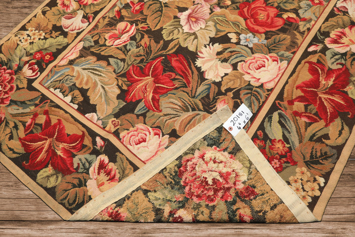 4x6 Green, Gold, Red Color Hand Woven French Aubusson Needlepoint Wool Traditional Oriental Rug