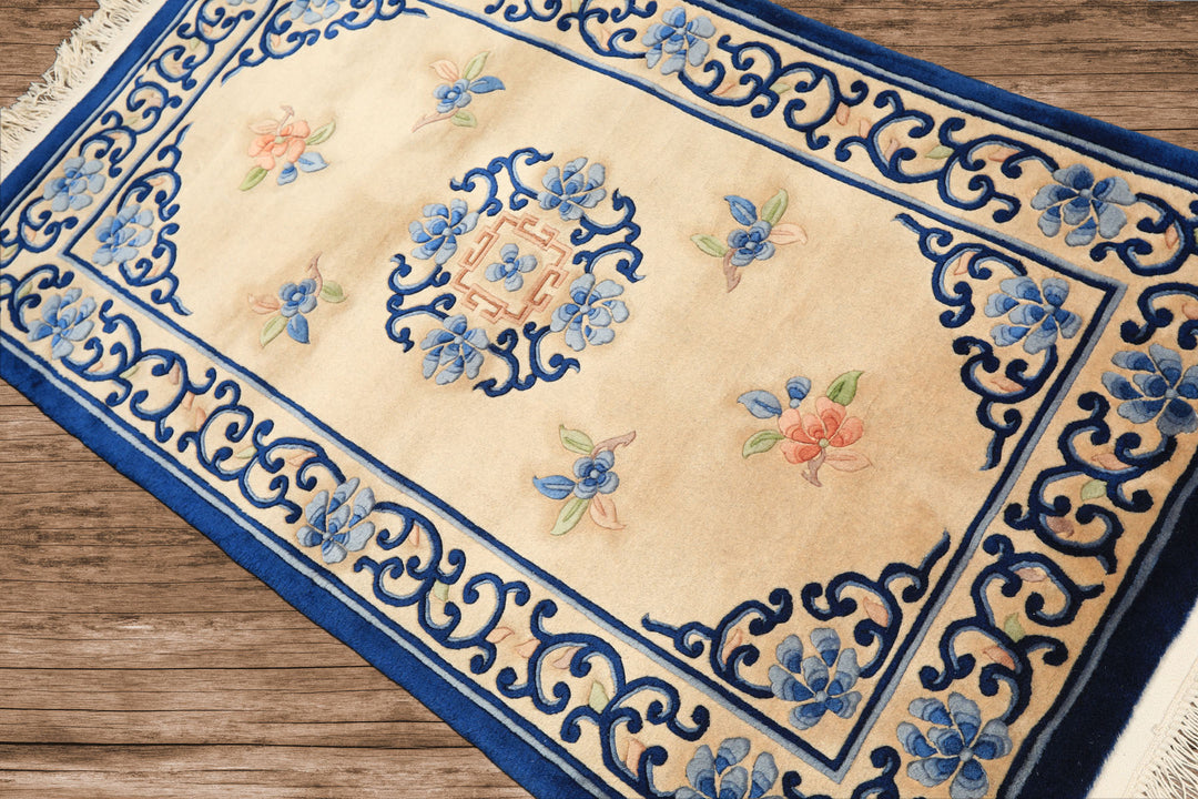 3x5 Beige, Navy, Blush Color Hand Knotted French Aubusson Savonnerie Wool Traditional Oriental Rug