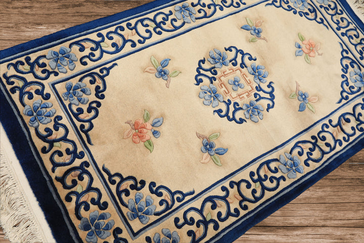 3x5 Beige, Navy, Blush Color Hand Knotted French Aubusson Savonnerie Wool Traditional Oriental Rug