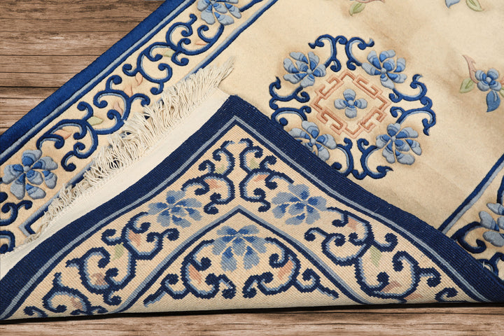 3x5 Beige, Navy, Blush Color Hand Knotted French Aubusson Savonnerie Wool Traditional Oriental Rug