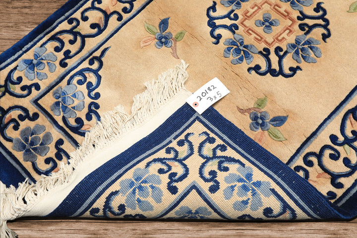 3x5 Beige, Navy, Blush Color Hand Knotted French Aubusson Savonnerie Wool Traditional Oriental Rug