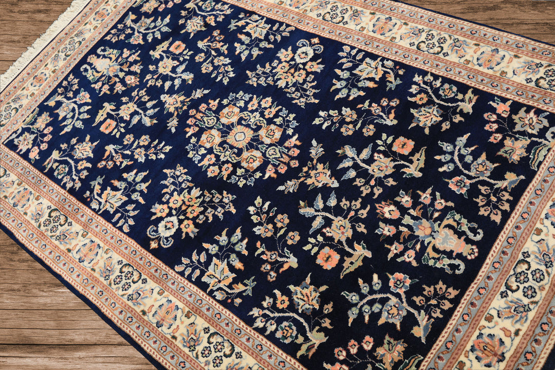 4x6 Navy, Ivory, Peach Color Hand Knotted Sarouk New Zealand Wool Traditional Oriental Rug