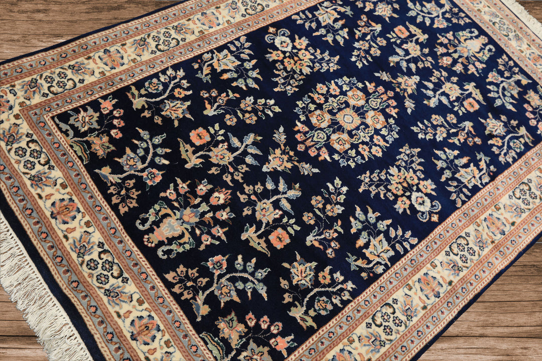 4x6 Navy, Ivory, Peach Color Hand Knotted Sarouk New Zealand Wool Traditional Oriental Rug