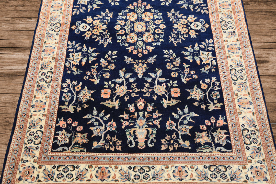 4x6 Navy, Ivory, Peach Color Hand Knotted Sarouk New Zealand Wool Traditional Oriental Rug