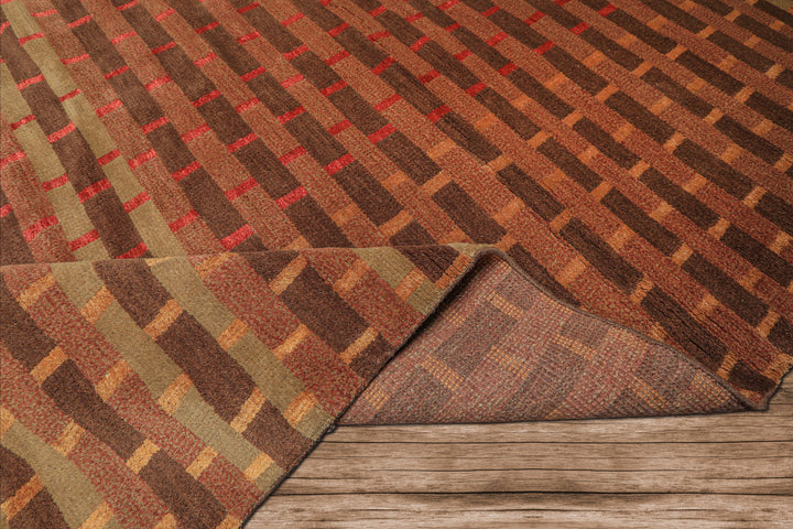 8x10 Raspberry, Rust, Moss Color Hand Knotted Tibetan Wool & Pure Silk Contemporary Oriental Rug