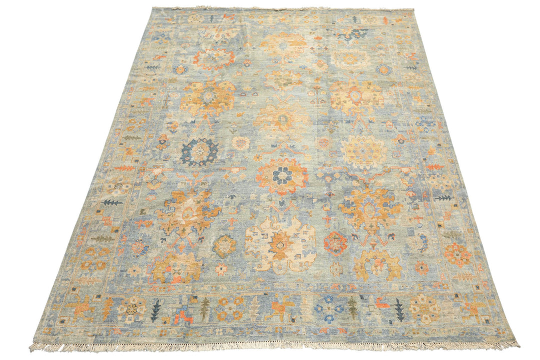 8x10 Blue, Aqua, Gold Color Hand Knotted Oushak Wool Modern &amp; Contemporay Oriental Rug