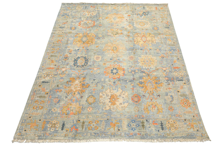8x10 Blue, Aqua, Gold Color Hand Knotted Oushak Wool Modern &amp; Contemporay Oriental Rug