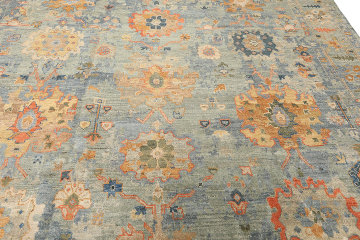 8x10 Blue, Aqua, Gold Color Hand Knotted Oushak Wool Modern &amp; Contemporay Oriental Rug