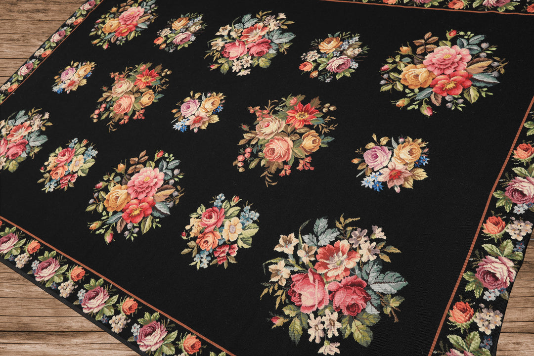 6x9 Black, Ivory, red Color Hand Woven French Aubusson Needlepoint Wool Traditional Oriental Rug