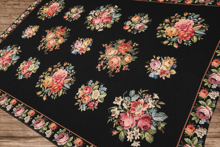 6x9 Black, Ivory, red Color Hand Woven French Aubusson Needlepoint Wool Traditional Oriental Rug